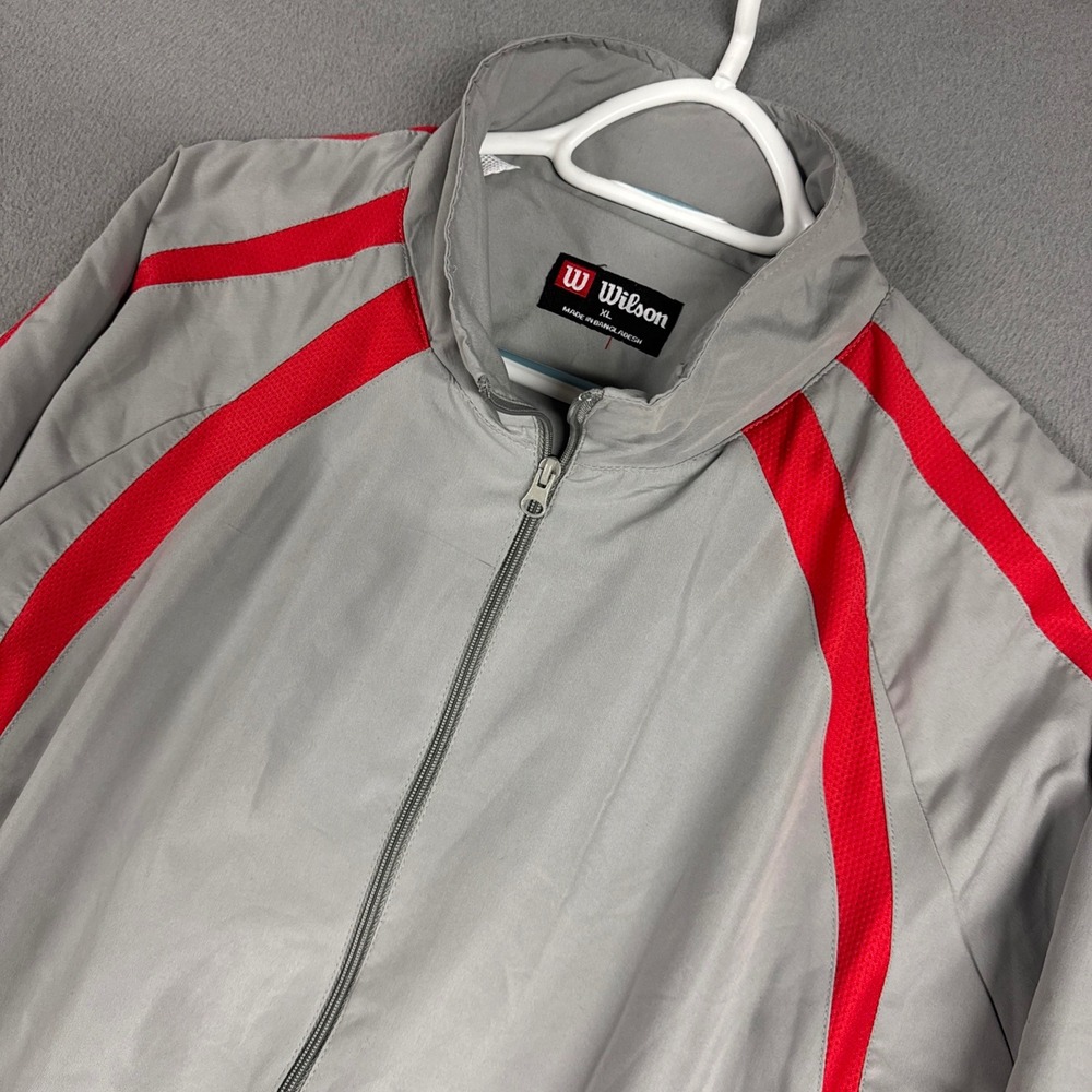 Wilson Track Jacket Mens XL Gray Red Athletic Full Zip Mesh Lined Windbreaker